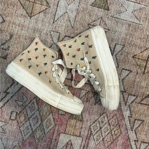 Converse embroidered flowers, and tan suede with ribbon laces
